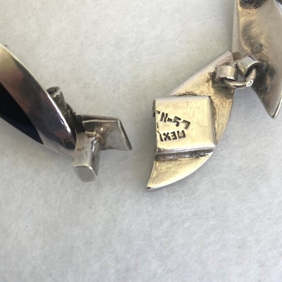 VTG 950 Silver Heavy Taxco Mexico Modernist Style Malachite Onyx Link Bracelet - Picture 8 of 16